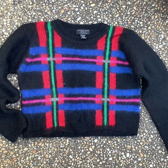 Vintage 80s 90s fuzzy mohair plaid Shorty cropped sweater sz M - Picture 3 of 5
